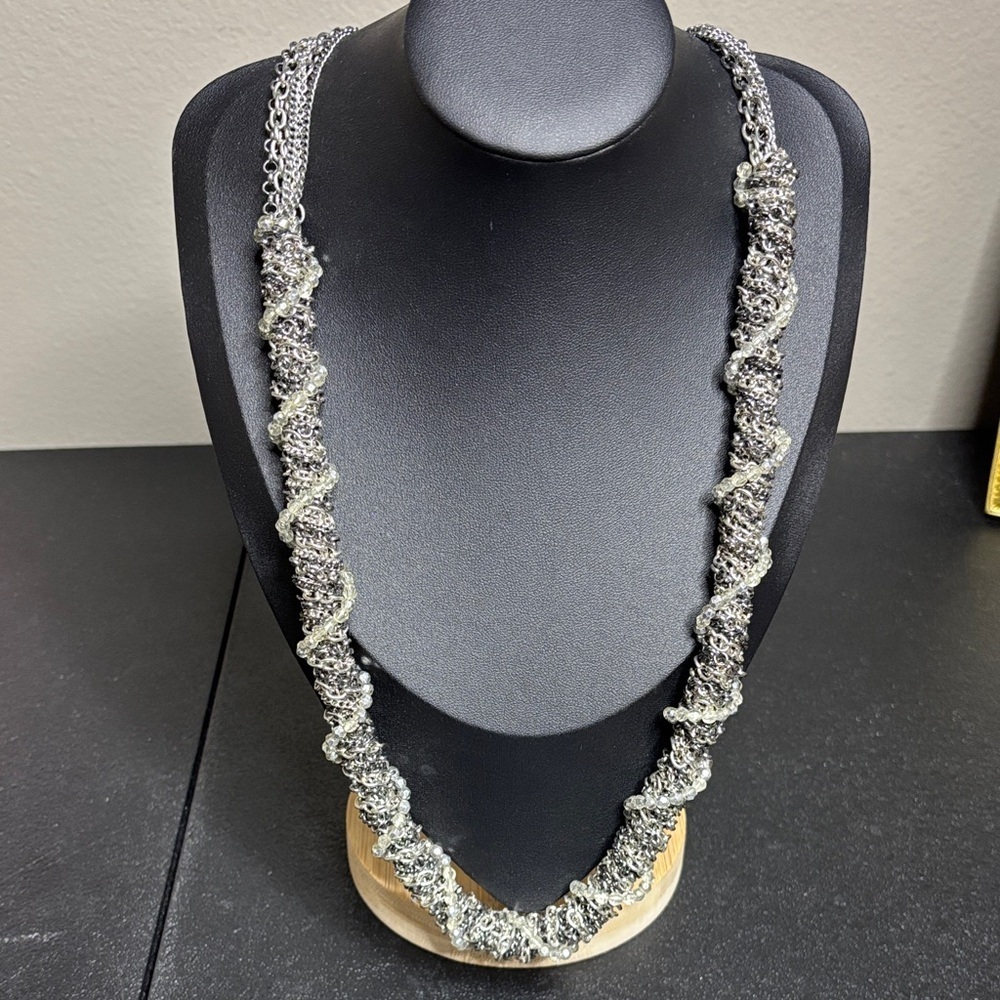 Twisted Chain Beaded Eclectic Long Silver Tone Necklace